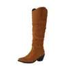 Botas cuadradas para mujer, tallas 34-48, botas altas de comercio exterior para otoño e invierno, color liso, punta fina, slip-on, versátiles, botas de montar para mujer