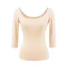 Camiseta de Estilo Puro Deseo con Cuello Grande en U para Mujer, Manga Siete Estilo Chica Picante, Otoño, Ajustada, Adelgazante, Estilo Básico, Capa Base, Top Sexy