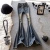 Spice Girl Vintage Amarelo Escuro Chifre Grande Rabo de Peixe Jeans Alto Outono Justo Quadril Elástico Emagrecimento Cintura Alta