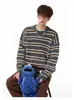 Suéter Retro Americano de Rayas y Bloques de Color con Cuello Redondo para Hombres y Mujeres Otoño Marca de Moda Cardigan Perezoso Holgado Ajuste Relajado Ropa de Abrigo