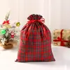Bolsa de lino y poliéster con bolsillo a cuadros rojos y negros para Navidad, bolsa para guardar dulces y galletas, bolsa de regalo con cordón