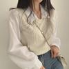 Moda Francesa Retrô Lar Manga Longa Falsa Duas Peças Camisa Feminina 2024 Estilo Coreano Novo Tendência Manga Lanterna Top