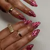 Uñas Postizas Color Rojo Vino Ojo de Gato Estampado de Leopardo Rojo Rosa con Brillo Fino Manicura Almendra Estilo Retro Chica Picante Pegatinas Desmontables