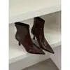 Nuevas botas de mujer estilo coreano, de piel suave, tacón de aguja fino, punta fina, botas de moda cortas de tacón alto con cremallera trasera, efecto adelgazante