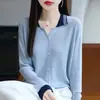 Cardigan de Punto Fino Mezcla de Lana con Cuello de Otoño 2026 Manga Larga Bloque de Color Calado Elegante Top para Mujer Venta al por Mayor