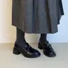 Mocassins vintage super macios de couro bovino com salto grosso para mulheres, sapatos de salto alto sem cadarço com bico redondo, sapatos casuais de couro genuíno sem cadarço