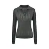 Blusa de tricô casual estilo francês com lapela e detalhes vazados para mulheres, camisa básica de manga longa slim fit para o início do outono, camiseta, suéter de camada interna