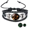 Pulsera de Cuero de Vaca con Cuentas de Piedra de Tiempo de las Doce Constelaciones Luminosas Pulsera Unisex de Cristal Negro