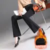 Calça pantalona de cintura alta com bolsos, estilo coreano moderno, calças da moda e casuais, novas roupas femininas 2026, calças compridas com forro de fleece e espessadas