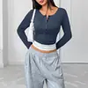 Estación Independiente 2025 Nueva Ropa de Trabajo Transfronteriza Estilo Casual Perezoso Cuello Redondo Ajustado Combinación de Colores Falso Dos Piezas Top de Manga Larga para Mujer