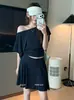 No hay devoluciones ni cambiosAlgodón de kapokConjunto de dos piezas: Camiseta de manga corta con hombro inclinado estilo francés y escote redondo + Falda 26929