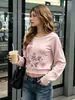Camiseta Retrô com Estampa Estilo Harajuku Doce Europeu e Americano Manga Longa Decote V Cross-border Nova Slimming Manga Longa Primavera e Outono