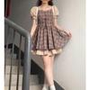 Vestido Xadrez Patchwork Estilo Girly de Verão com Amarração Cruzada, Manga Bufante, Cintura com Laço e Saia Curta Bufante