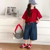 Pantalones para Niña Jeans Infantiles Verano 2026 Estilo Nuevo Azul Oscuro Elegantes Sueltos de Pierna Ancha de Moda Pantalones de Cinco Puntos