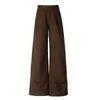 Calça jeans transfronteiriça feminina perna larga estilo retrô americano pernas de calça de camada dupla caimento cor marrom café calça comprida cor marrom café estendida Yi Chun
