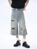 Jeans de Pierna Ancha Rasgados de Cintura Media-Alta con Estilo Urbano Americano para Hombre, Pantalones Cortos Rectos Holgados Casuales Lavados de Verano