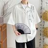 Camisa Guofeng de manga corta con botones chinos para hombre, marca de moda, vintage, verde bambú, bordada, talla grande, holgada, de media manga.