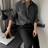 Camisa gris de principios de otoño para hombre, holgada, de manga larga y con solapa, estilo coreano-americano, estilo Dongdaemun de Corea del Sur.
