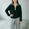 Suéter con Cremallera Cruzada y Solapa Semiabierta para Mujer, Estilo Perezoso Casual, Top con Media Cremallera, Tejido de Punto Holgado para Otoño/Invierno