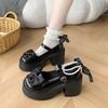 Mocassins de salto alto com arco estilo francês feminino 2024 Nova moda para todos os jogos cinto de fivela de salto grosso Mary Jane Shoes