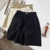 Pantalones cortos de trabajo de algodón color caqui para mujer, verano, finos, de cintura alta, línea A, pierna ancha, holgados, adelgazantes, casuales, de cinco puntas, longitud media