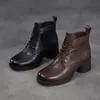 Otoño/Invierno 2026 Nuevas Botas de Moda de Piel de Vaca Suave Punta Redonda Tacón Alto Grueso Piel Genuina Vintage Con Cordones Botas Cortas Martin