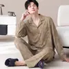 Pijama de Talla Grande para Hombre Primavera y Otoño Algodón Puro Casual Holgado Cuello de Solapa Manga Larga Adolescentes Pueden Usar Ropa de Casa para Salir Conjunto