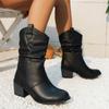 Zapatos de Mujer de Exportación Talla Grande Nuevo Invierno 2025 Estilo Retro Parte Superior Plisada Tacón Grueso Punta Fina Botas de Montar sin Cierre para Mujer