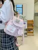 Mochila tipo parche de oso girly estilo coreano con costuras de lunares y cuadros, mochila pequeña con solapa ligera y portátil para mujer