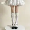 Calcetines de Algodón Puro con Cordones hasta Media Pantorrilla para Mujer, Calcetines de Encaje con Cinta para Primavera y Verano hasta la Rodilla, Calcetines de Pantorrilla Lolita