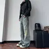 Jeans de Pierna Ancha Rasgados con Estampado de Leopardo de la Calle Principal Americana para Hombre, Holgados, Versátiles, con Borlas, Rectos, Largos, Productos en Stock Transfronterizos