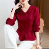 Camisa jacquard roja con cuello de muñeca para mujer Primavera 2024 Nuevo estilo occidental top de mamá ajustado a la cintura camisa corta para llevar debajo