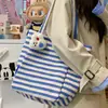 Bolsa de Lona Doble Cara para Mujer, Estilo Coreano Simple Rayada para Estudiante Universitaria, Bolso de Hombro Casual, Bolso Tote Versátil para Viajar