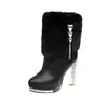 Botas de Moda Europeas y Americanas de Tacón Alto, Cálidas para Invierno, Tallas Grandes, Transfronterizas, Tacón Grueso, Decoración de Pedrería, Botines Gruesos con Piel, Mujer