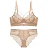 Conjunto Europeu e Americano de Lingerie Sexy Ultra-fina de Renda Transparente para Mulheres, Suporte Lateral, Anti-Queda, Faz Seios Grandes Parecerem Menores, Tamanho Plus