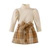 Baopin Ropa Infantil Europea y Americana Niñas Otoño e Invierno Cuello Alto Algodón Canalé Manga Larga Chaqueta Moda Cuadros + Falda Estampada Conjunto