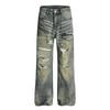 G6837 Moda Callejera Retro Americana Rasgados Unisex Gama Alta Azul Lavado Diseño Sucio Viejo Jeans Bootcut para Hombre