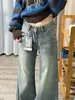 Jeans Azul Flare com Estampa de Carpa Tendência para Mulheres 2026 Novo Verão Lavado Slim Fit Não Apertado