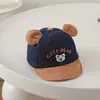 Boné de beisebol infantil em blocos de cor jeans com orelhas de urso, Boné fofo de urso com aba curva, Proteção solar para meninos e meninas