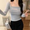 Tiro Real # Camiseta Cuadrada de Manga Larga para Mujer, Nuevo Estilo Primavera 2025, Top Base Único y Exquisito con Cuello Halter y Atado.