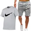 Tendencia de Moda de Verano Camiseta Redonda Estampado 3D Pantalones de Cinco Cuartos con Cordón Conjunto de Dos Piezas Holgado Casual Deportivo Traje para Hombre