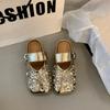 Baotou Half Slippers 2025 Primavera e Verão Novos Sapatos Femininos PU Salto Baixo Moda Flat Mary Jane Strass Sapatos Vintage