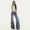 Jeans Anchos de Algodón Lavado con Patrón de Rayos Naranja Infantil # Estilo Americano High Street para Mujer, Diseño Holgado y Ajustado, Pantalones Versátiles de Longitud Completa