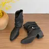 Botas de Moda para Mujer Estilo Retro Punta Fina Tacón Grueso Nicho Apilables Tejidas Color Sólido Botas de Caballero Botas de Cuero a Media Pantorrilla Hebilla de Cinturón