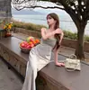 Vestido Sexy de Satén Francés con Tirantes de Perlas para Mujer de Gama Alta Cola de Pez para Cumpleaños Certificado de Matrimonio Toma de Fotos Vestido Largo de Gala Mujer