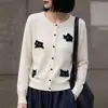 Cárdigan de Punto para Mujer 2026 Otoño/Invierno Nuevo Lana Fina Cuello Redondo Manga Larga Jacquard Gatito Top Versátil