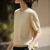 Suéter curto de malha 100% lã, gola redonda, cor sólida, manga curta, corte reto, estilo coreano, novo para o início do outono, para mulheres