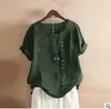 2025 Verão Retrô Cor Lisa Top Tamanho Grande Casual Solto Botão Algodão e Linho Manga Curta Pulôver Gola Redonda Camiseta para Mulheres