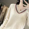 Nuevo Jersey Grueso de Punto Trenzado con Bloques de Color, Cuello en V, Manga Larga, Estilo Coreano, Moda Suelto para Mujer