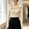Top de malha com fio core-spun, estampa floral irregular, ombro a ombro, manga longa, novo design de primavera, top feminino suave e que afina